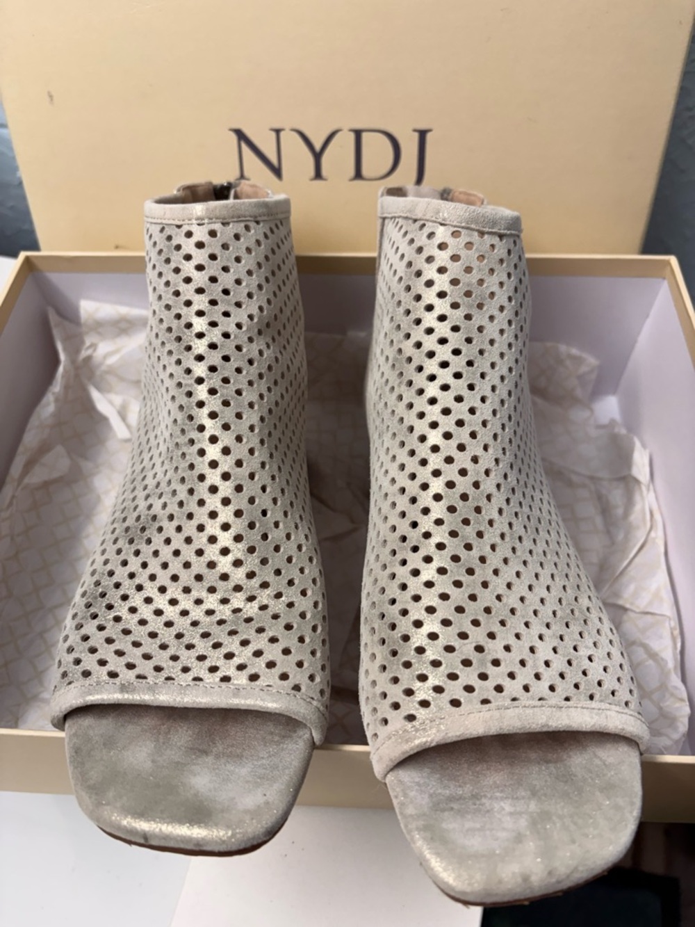 NYDJ Perforated Open-Toe suede Mules in metallic pewter